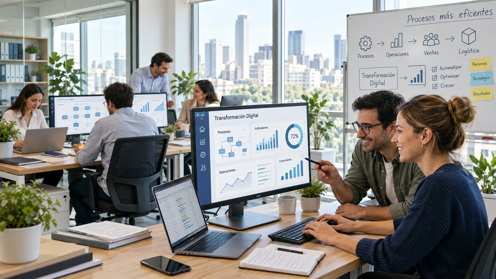 Equipo de trabajo colaborando con dashboards y procesos de transformación digital